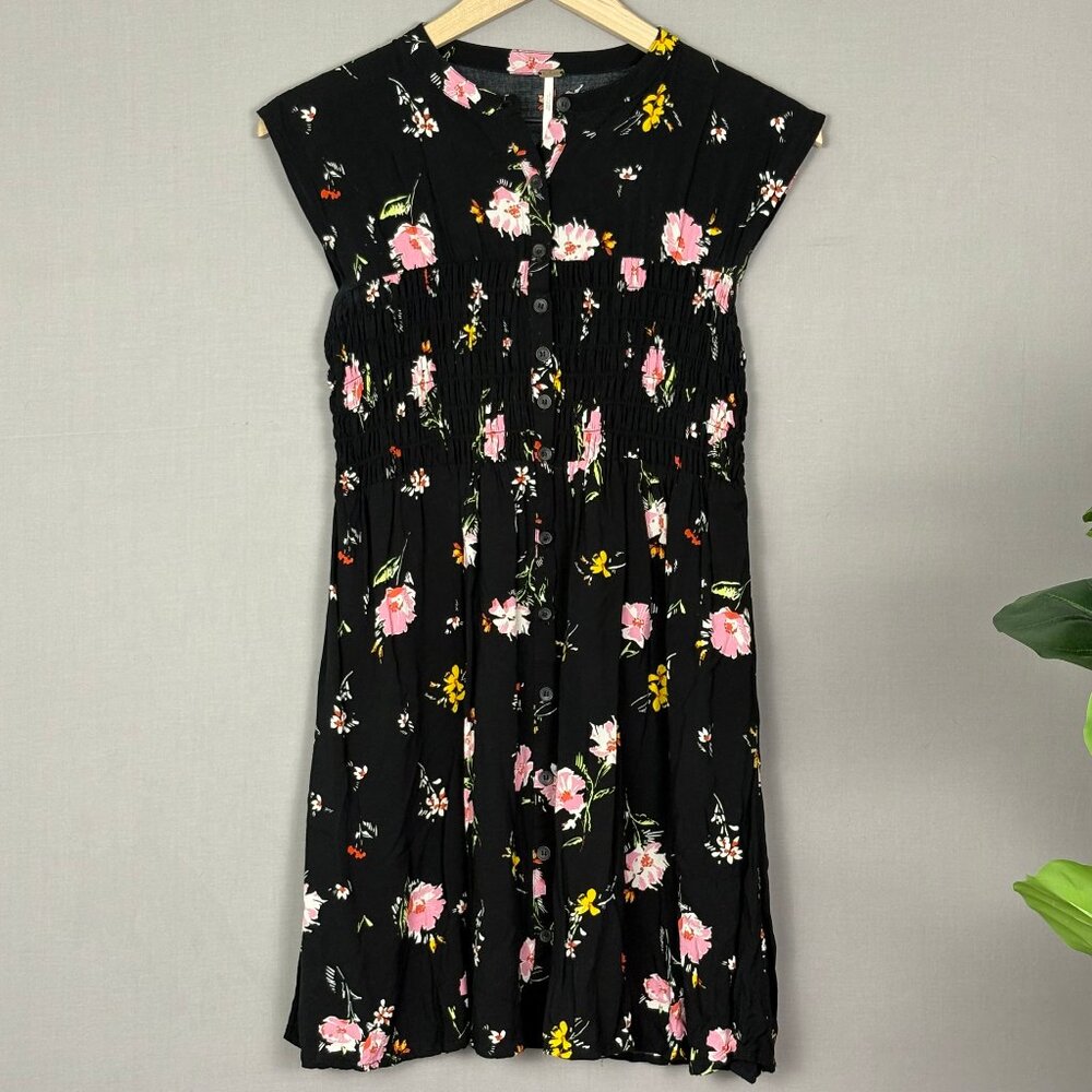 Free People Black Floral Smocked Waist Button Front Mini Dress XS